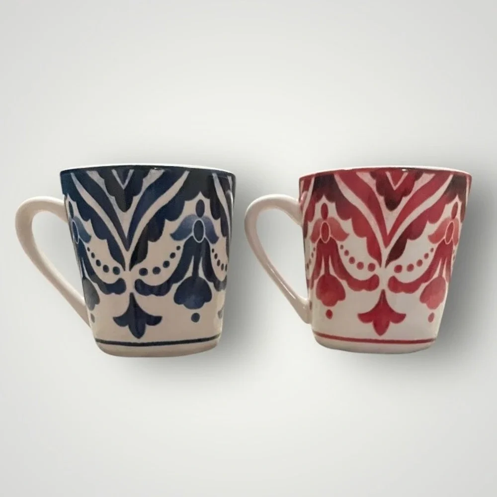 Sur La Table Mugs Set‎ of 2 Blue Red Damask Ironstone Espresso French Country